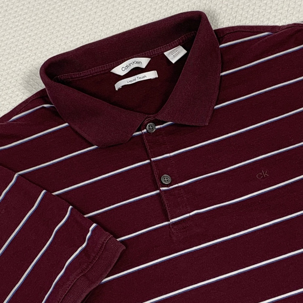 Calvin Klein Liquid Touch Mens L Burgundy Striped Short Sleeve Polo Shirt Knit
